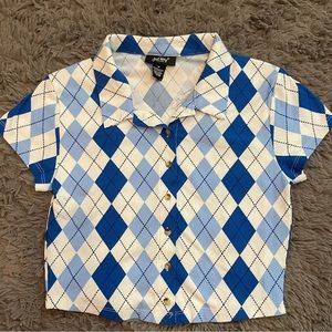 NWT🧚🏻Just Polly🧚‍♀️ Blue Argyle Print Short Sleeve Button Down Crop Top